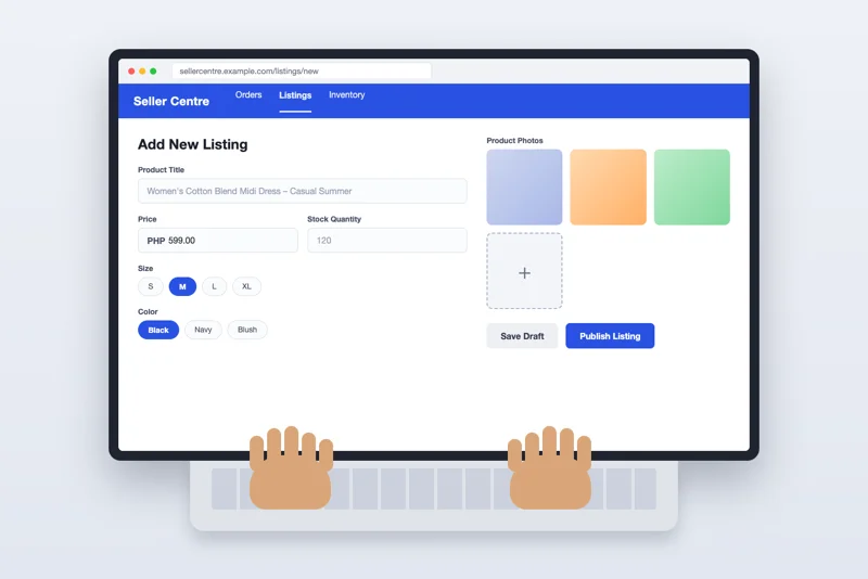 Hands typing on a laptop showing a seller dashboard listing form with a product title field, price field, and a photo upload grid, representing product listing and catalog management